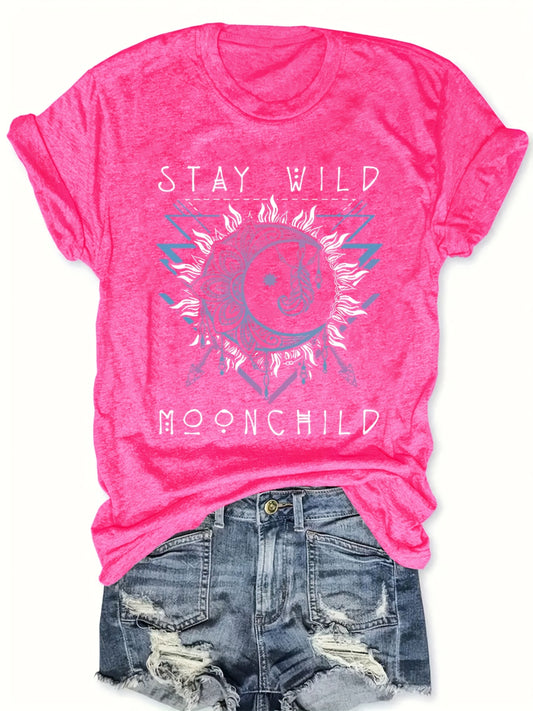 1pc Women'S Moonchild Graphic Tee, Polyester Crew Neck T-Shirt with Stay Wild Letter Print, Casual Knit Fabric Short Sleeve Top for Spring/Summer