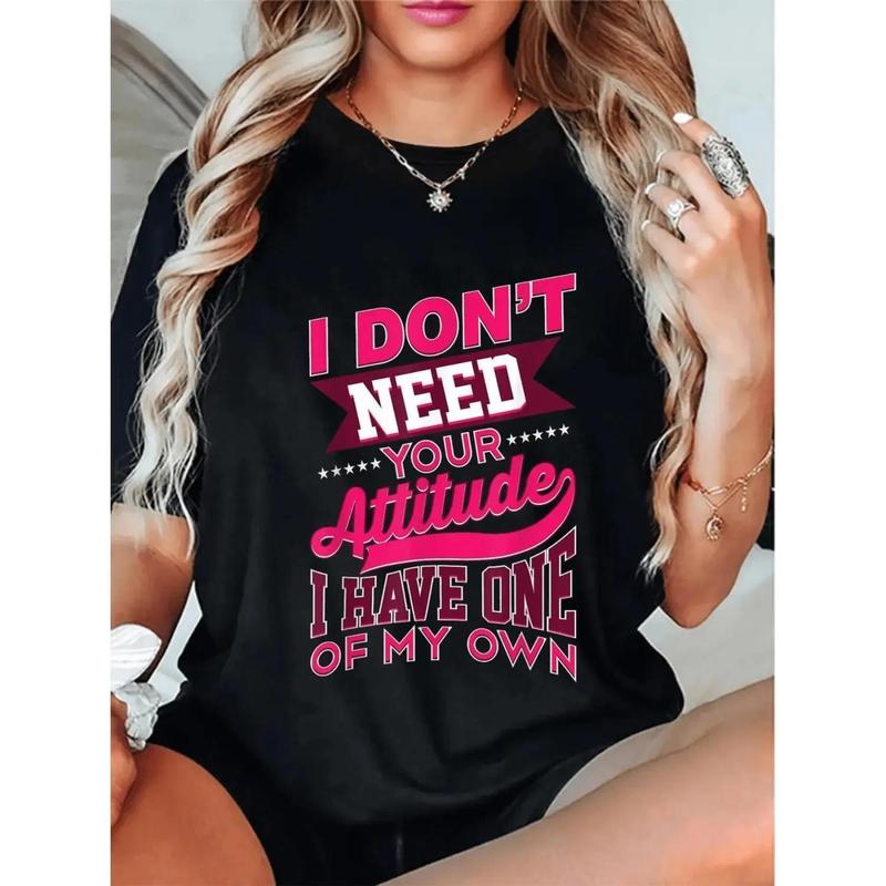 Men's Cotton Short-Sleeve Black-Base Pink Text T-Shirt - Bold "I Don't Need Your Attitude I Have My Own" Statement, Stretchy Soft Business Casual Top for Boyfriends, 2XL-3XL, All Seasons, Machine Washable, Ideal for Daily Wear & DIY Projects