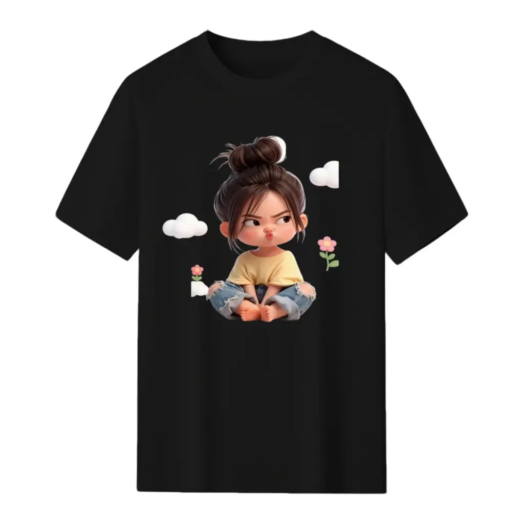 Women's Premium Cotton Cartoon Girl & Clouds Graphic T-Shirt - Short Sleeves, Crew Neck, Fitted, Elastic, Comfortable, Blush Pink Aesthetic, Casual Girly Tops, Valentine's Day Colorful Style All Seasons Beach Tee Sohochic, Valentines Day, Cartoon Style