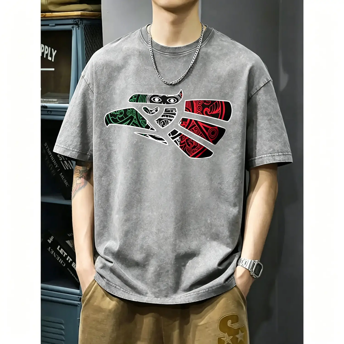Latino Heritage Cotton T-shirt Featuring Green White Red Mexico Eagle Tribal Art Design with Mexico Flag Tattoo Eagle Theme for Men