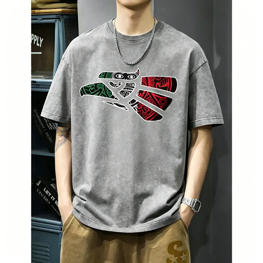 Latino Heritage Cotton T-shirt Featuring Green White Red Mexico Eagle Tribal Art Design with Mexico Flag Tattoo Eagle Theme for Men