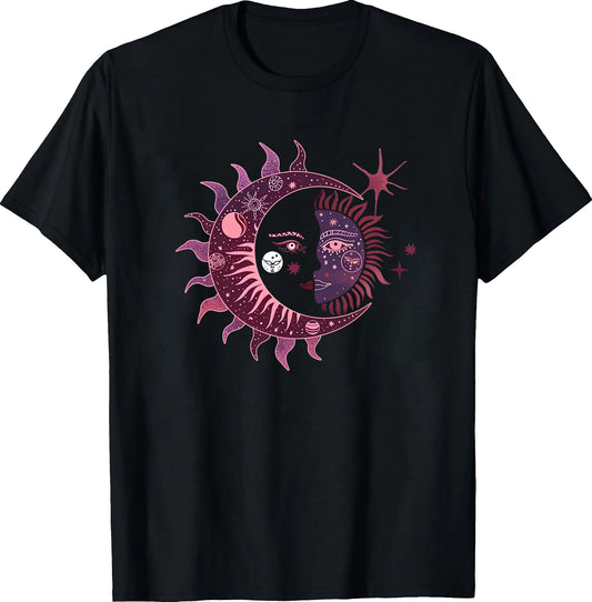 Women's Casual Sun & Moon Graphic Tee Crew Neck Short Sleeve Machine Washable Perfect for Spring & Summer  Shirt Top Womenswear Black Breathable Polyester Blend Comfortable Stylish T-Shirt Unisex Design Day Knitted