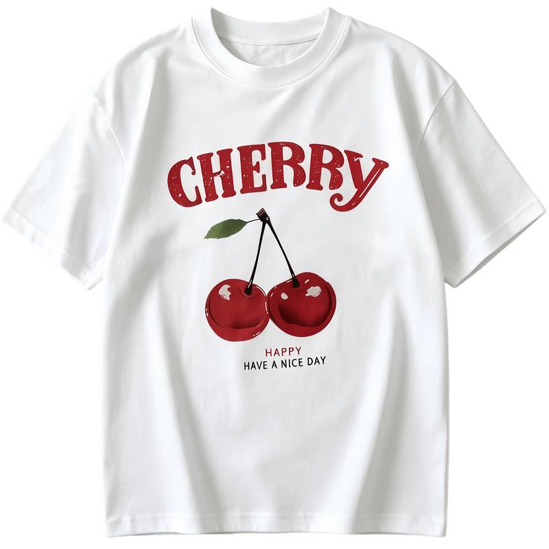 Men's Classic Cherry Pattern & Letter Printed T-Shirt - Relaxed Fit, Oversized, Breathable Short-Sleeve Round Crewneck Casual Top (Suitable for Spring, Summer)