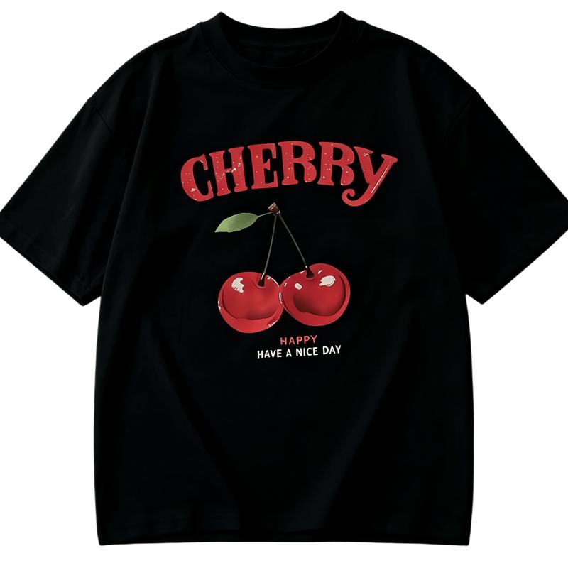 Men's Classic Cherry Pattern & Letter Printed T-Shirt - Relaxed Fit, Oversized, Breathable Short-Sleeve Round Crewneck Casual Top (Suitable for Spring, Summer)