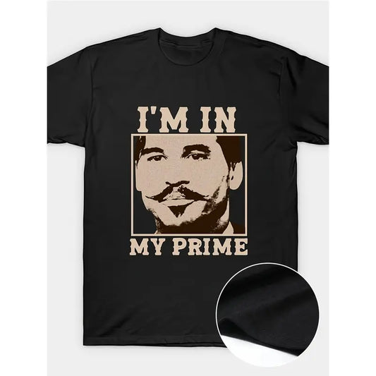 Men's 220g 100% Cotton Soft Crew Neck Premium Vintage Print Short Sleeve Tshirt - Doc Holiday "I'M In My Prime" Tombstone Movie Design, Casual-Tailored Stretchy Fit, Business/Streetwear, All-Seasons Pants-Compatible Top, Boyfriends Fashion Gift