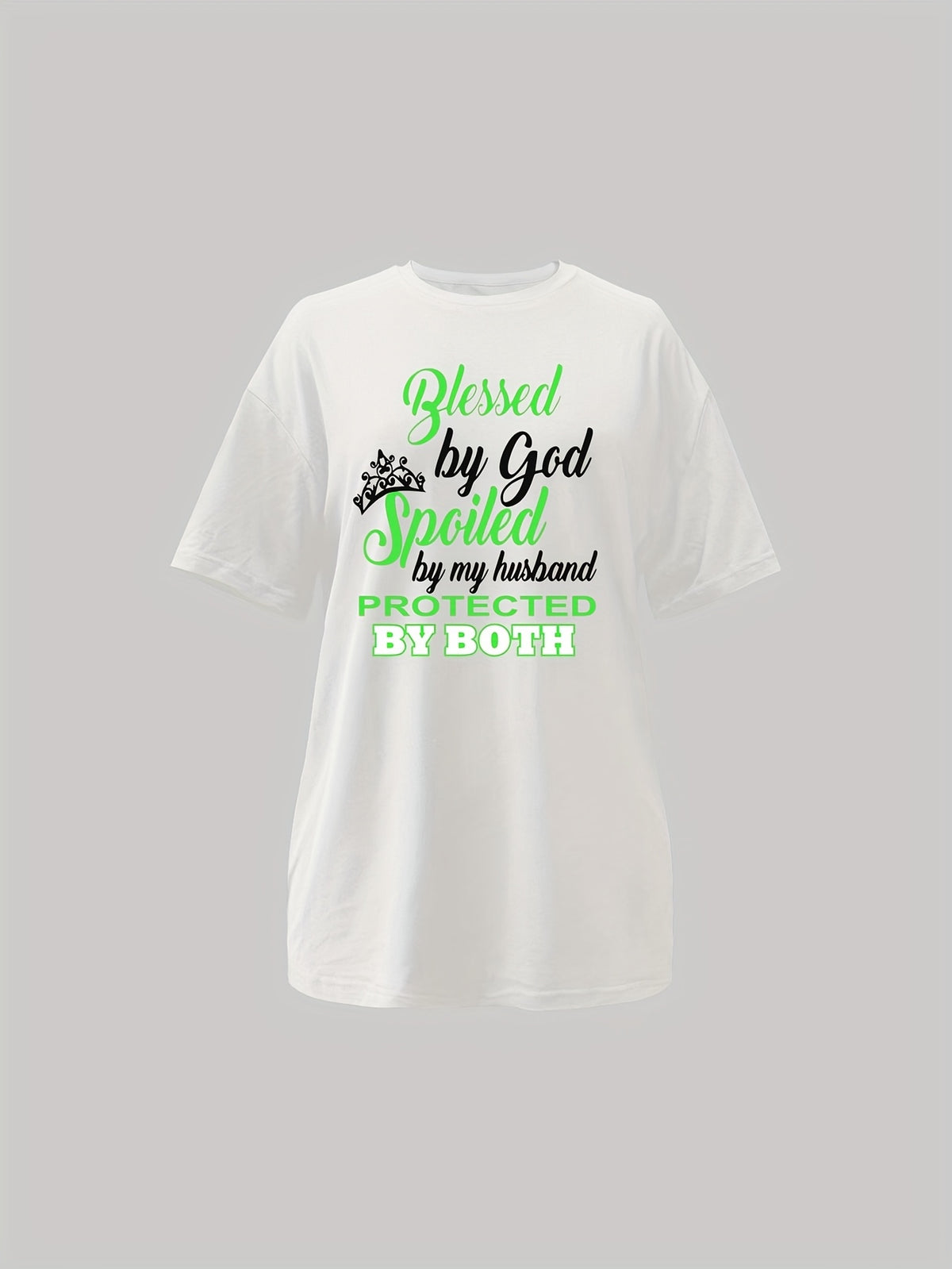 Women'S Casual Graphic Tee - "Blessed by God, Spoiled by My Husband" Print, Short Sleeve, Round Neck, Summer T-Shirt in White