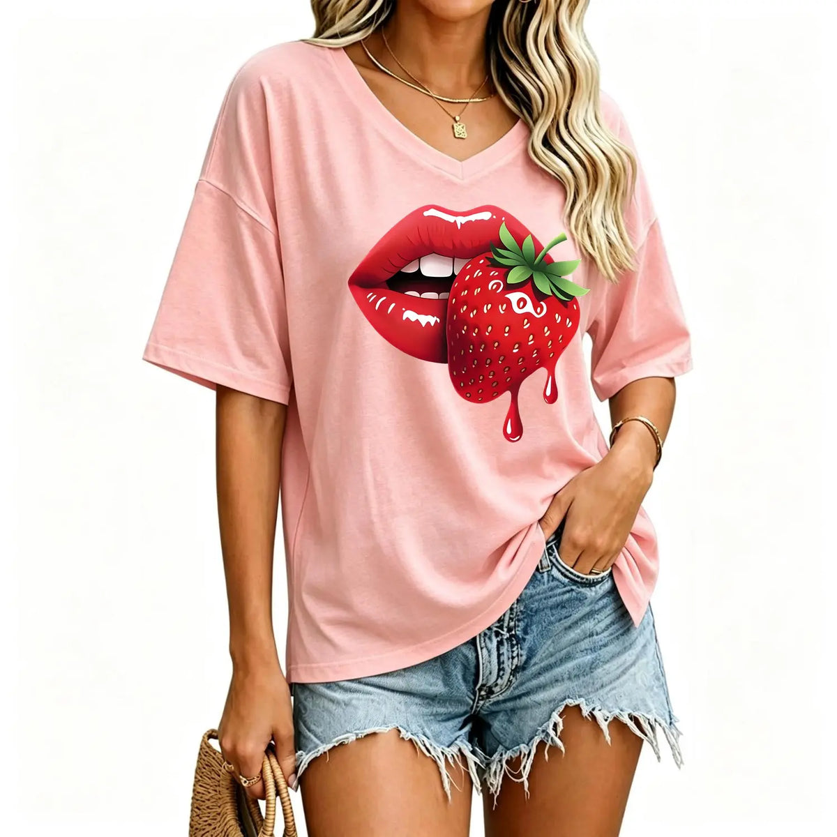 Women S Casual T Shirt Featuring Strawberry Lip Print Comfortable Fit Short Sleeve Machine Washable Ideal for Spring Summer and Fall Perfect Gift for Sisters