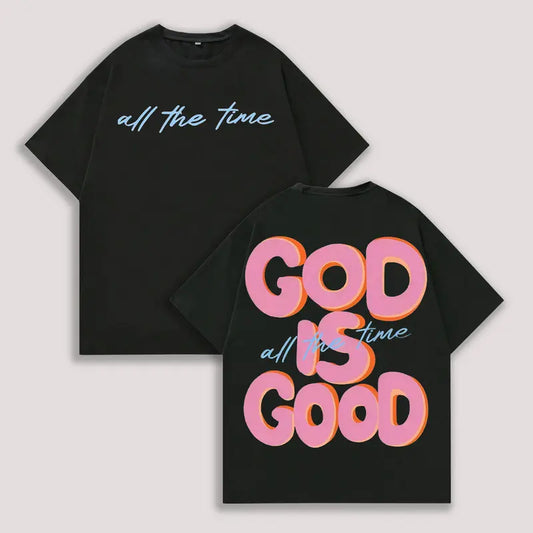 Men's & Women's Oversized 230gsm Heavyweight Washed Cotton Apparel, 100% Distressed Fabric Festive T-Shirt - GOD IS GOOD Double-Sided Graphic Print, Retro Vintage Streetwear, Loose Fit Round Neck Shortsleeve