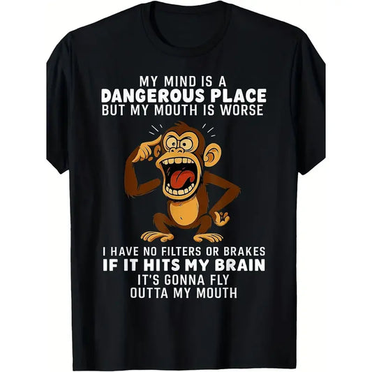 Men's 100% Cotton Stretchy Casual Short Sleeve Round Neck Tshirt - Tailored Fit, Funny Slogan "My Mind Is a Dangerous Place" Monkey Graphic Print, Streetwear (2XL,3XL) for Boyfriends, Office Wear Pair with Pants