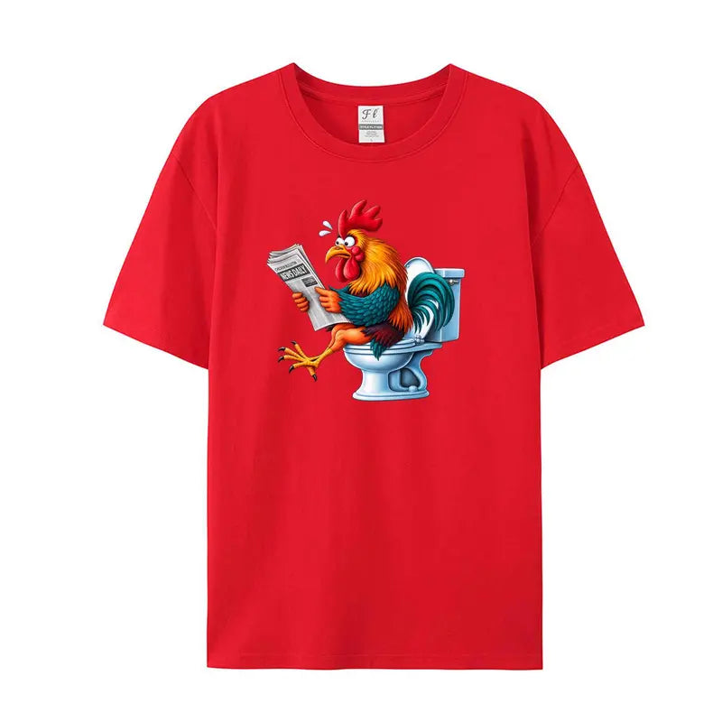 Men's Funny Rooster On Toilet Reading Newspaper Graphic Menswear T-Shirt - Oversized, Casual Short-Sleeve Humor Cartoon Print Streetwear Tops, Tshirt