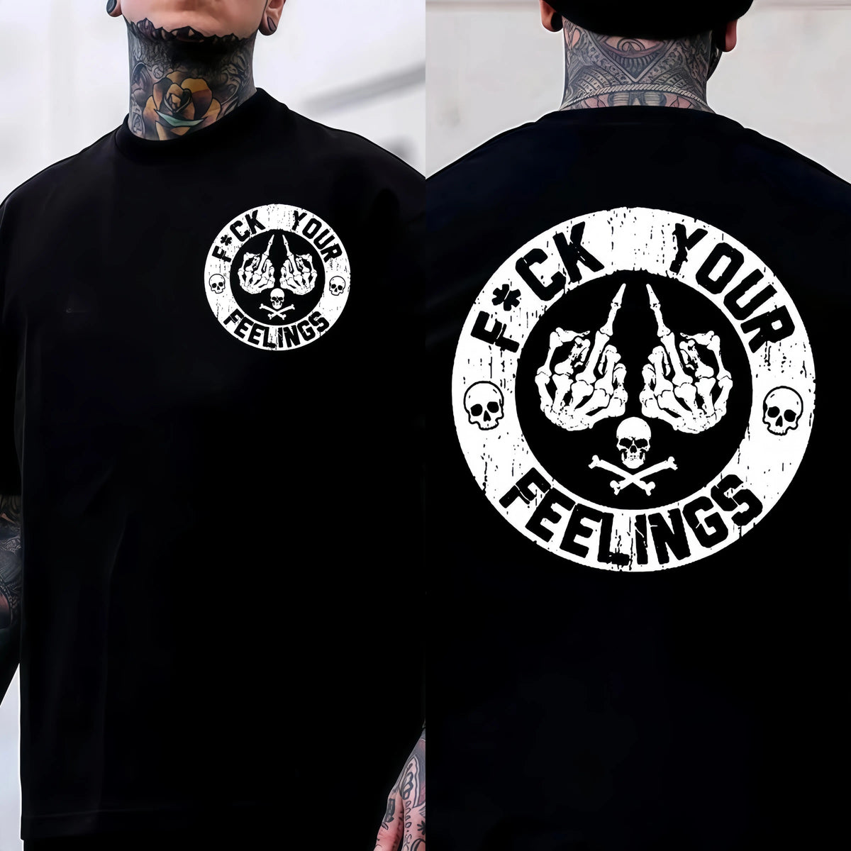 Men's "F*ck Your Feelings" Skull Graphic T-Shirt, Short-Sleeve Round Neck Loose Menswear, Bold Statement Limited Edition Fashion Streetwear Casual Angel Tee tiktokshopspringglowup,summervibes Cotton Tops Black Crewneck Tropical