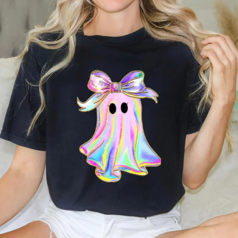 Classic Oversized Cotton Crew Neck T Shirt With Shiny Holographic Pastel Ghost And Big Bow Art Print Unisex Short Sleeve Casual Everyday Wear Whimsical Halloween Graphic Street Style Tee