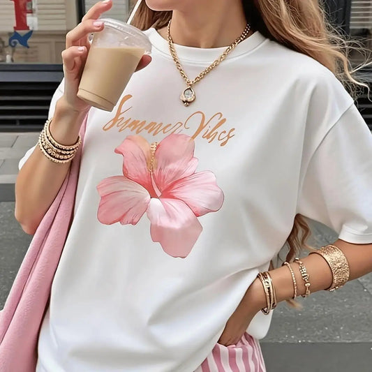 Discover Stylish Comfortable Cotton T-Shirt for Women Featuring a Round Neck Short Sleeves and Beautiful Pink Flower Print Perfect for Spring and Summer graphic tee
