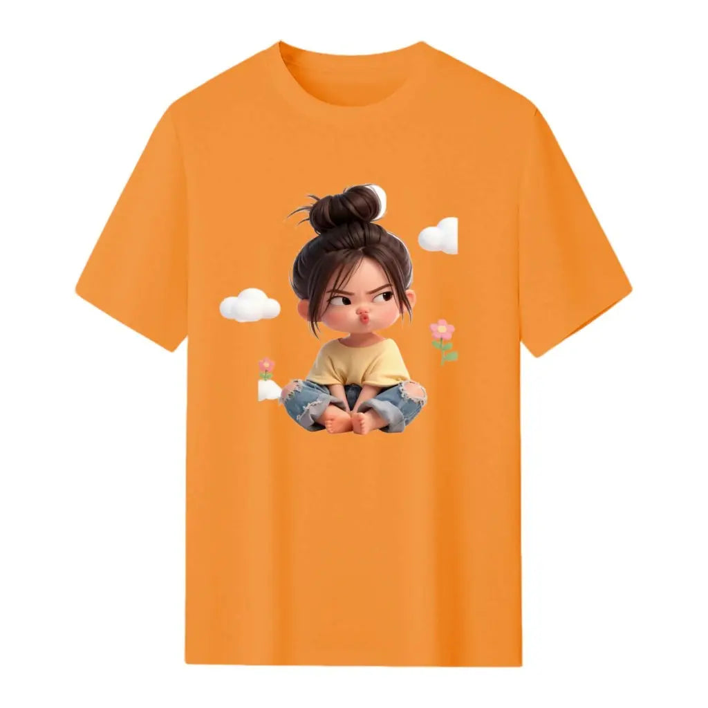 Women's Premium Cotton Cartoon Girl & Clouds Graphic T-Shirt - Short Sleeves, Crew Neck, Fitted, Elastic, Comfortable, Blush Pink Aesthetic, Casual Girly Tops, Valentine's Day Colorful Style All Seasons Beach Tee Sohochic, Valentines Day, Cartoon Style