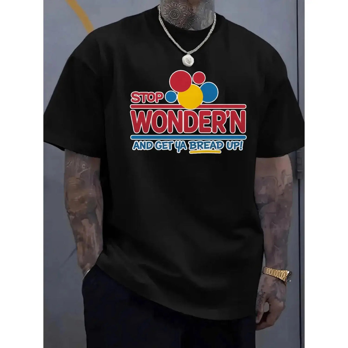 Women's Short-Sleeve Casual Streetwear T-Shirt, Humor Graphic Tee with "Stop Wondering Get Your Bread Up" Motif & Cheerful Bread Slice Illustration, Shortsleeve,back to school,back to school shopping,sohochic