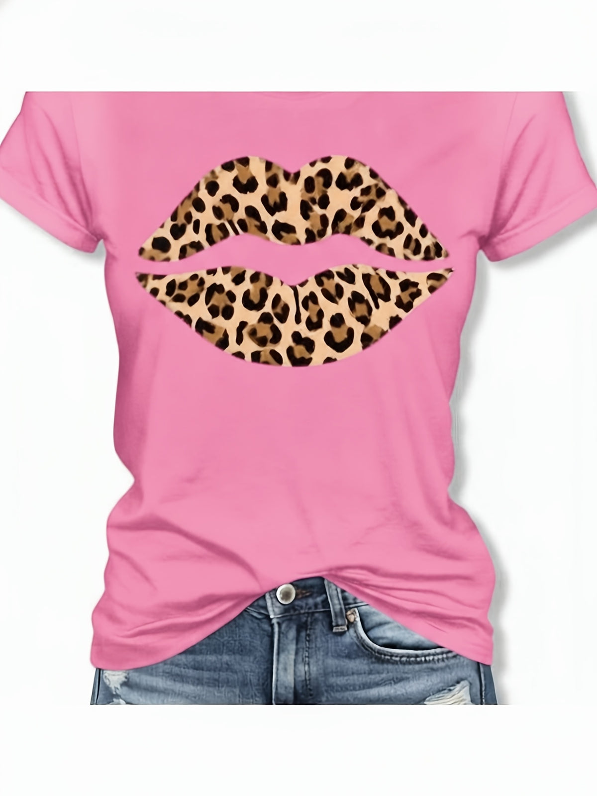 WoWomens Short Sleeve TShirt TShirt With Leopard Lips Printed Design Casual Round Neck Stretchy Soft Fabric Machine Washable Summer Fashion Top Trendy Attire Statement Tee Comforta