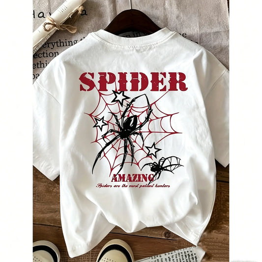 Unisex Cotton Graphic Shortleeve Basic Soft Menswear Top - "Spider Wonder" Casual Round Neck Sports & Outdoor Tee with Red Webs and Black Design