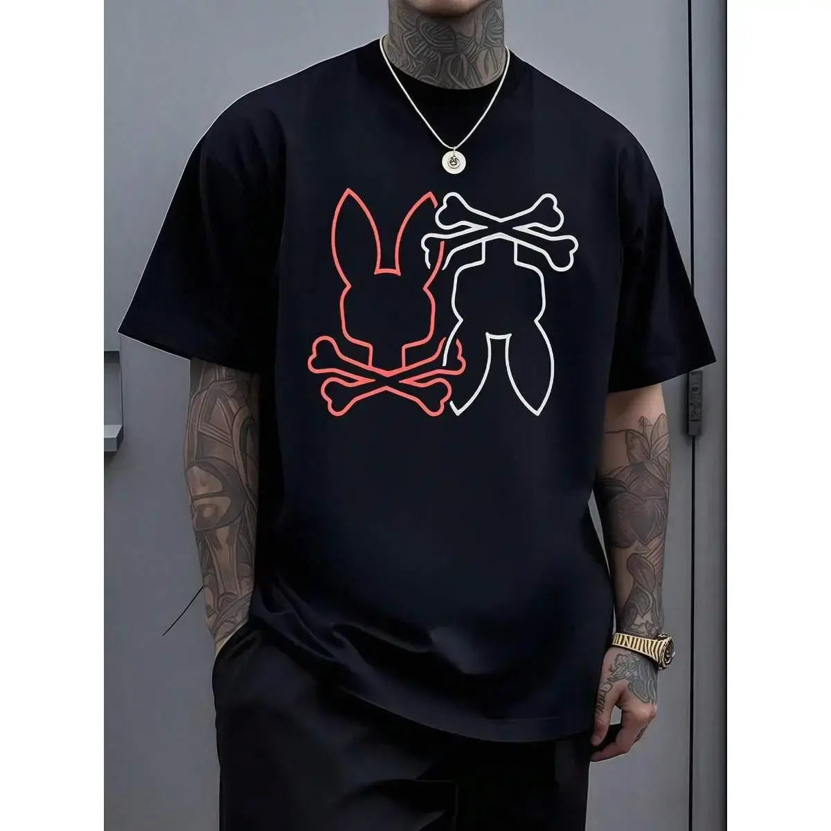 Men's Cotton Digital Print Short-Sleeve Round Neck T-Shirt - Red & White Bunny Skull with Crossbones Design, Streetwear Tops for Unique Wardrobe, Casual Gift for Boyfriend