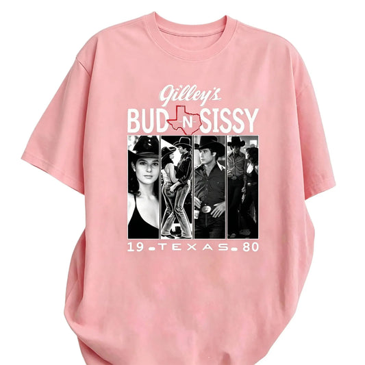 Bud And Sissy Gilley's Texas T-Shirt, Urban Cowboy Movie Vintage Graphic Tee, Full Color Full Size Unisex Casual Top, Fan Gift For Men Women