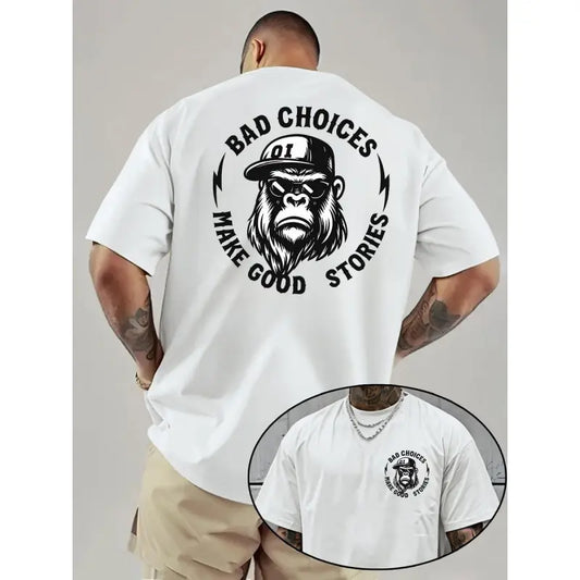 Men's Unisex Crew Neck Fabric T-Shirt - Bad Choices Make Good Stories Chimpanzee Print, Simple Soft Apparel, All-Season Comfort, Heavyweight 100% Cotton Short-Sleeve Sport Top for Outdoor Activities