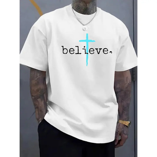 Believe" Cross Graphic Men's T-Shirt - Soft, Casual Round Neck, Ribbed Collar, Slight Stretch, All-Season Wear in Multiple Colors, Casual Summer Tee |   Religious Fashion |   Stylish Lettering