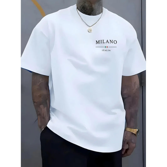 Mens Oversized Crew Neck Short Sleeve Tee Soft  Streetwear Boxy Fit White Milano Italia Chest Print Summer Casual Outfit Crewneck Menswear