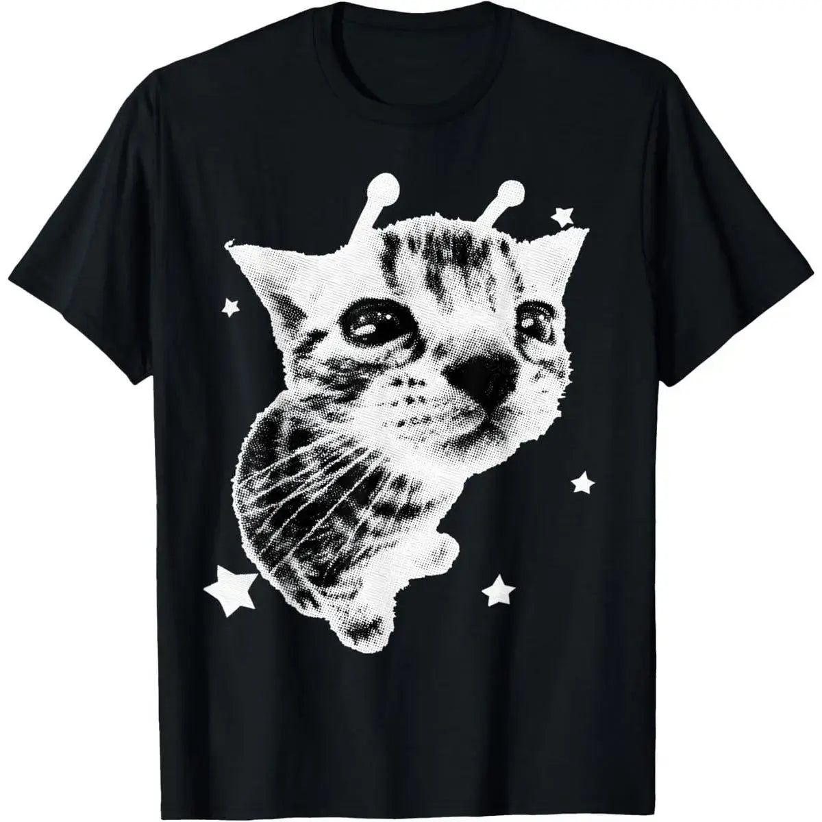 Women's Pure Cotton Round Neck Short-Sleeve Casual Streetwear T-Shirt, Y2000 Alien Cat Meme Retro Graphic Top, Gifts for Men & Women