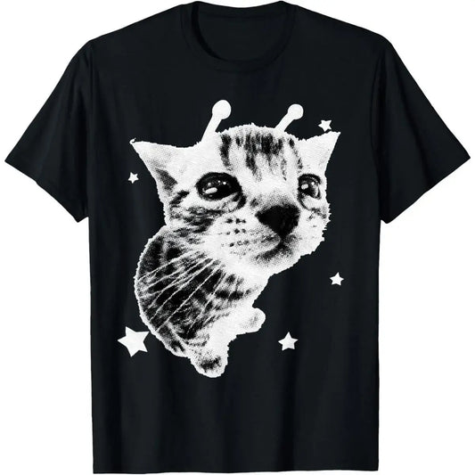 Women's Pure Cotton Round Neck Short-Sleeve Casual Streetwear T-Shirt, Y2000 Alien Cat Meme Retro Graphic Top, Gifts for Men & Women