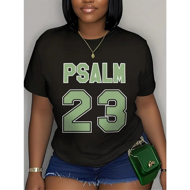 Women's Psalm 23 Printed Cotton T-Shirt Casual Short Sleeve Crew Neck Shirt with Bold Green Lettering Y2k Vintage Graphic Tees Christian Women Tops for Daily Wear Hot Topic Tee Loose