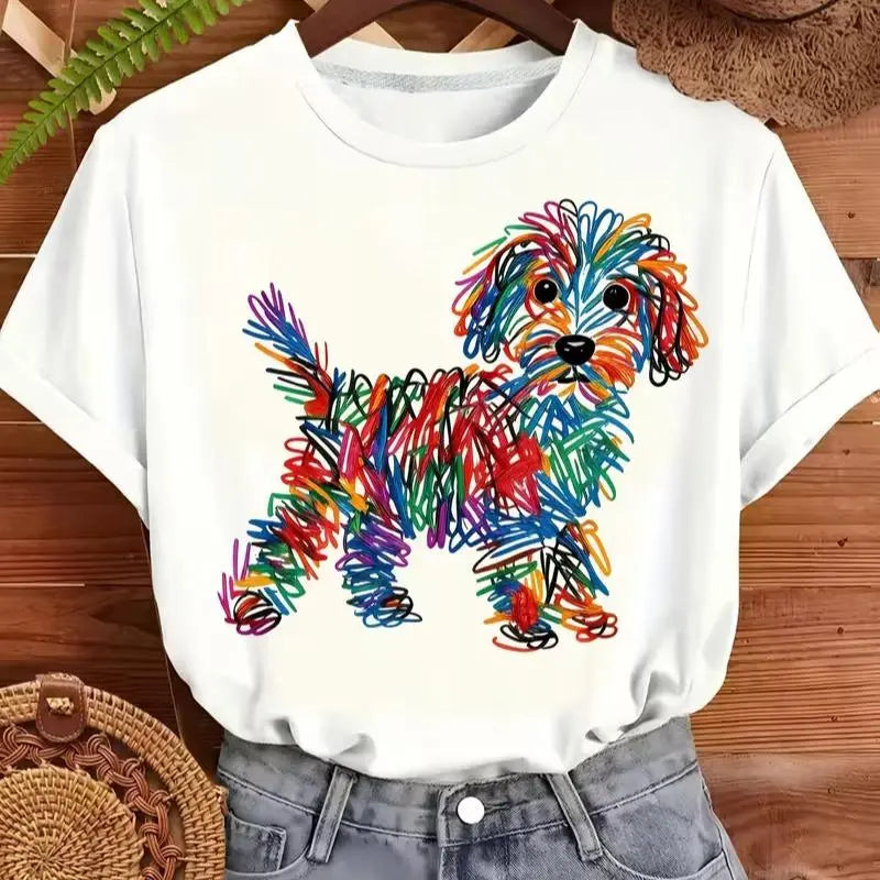 Women's Casual Basic Short-Sleeve Graphic Tee - Rainbow Scribble Poodle Doodle Puppy Print, Pet Lover Art Aesthetic, Streetwear Top, T Shirts for Women,sohochic