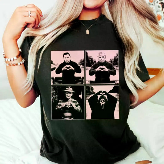 Boxy Oversized Lightweight Soft Short-Sleeve Classic Cotton Distressed Vintage Washed Horror Movie Killers Graphic T-Shirt - Michael Myers,Jason Voorhees,Freddy Krueger,Ghostface Heart Hands Design - Casual Halloween Fan Tee, Matches Jeans,Baseball Cap, S