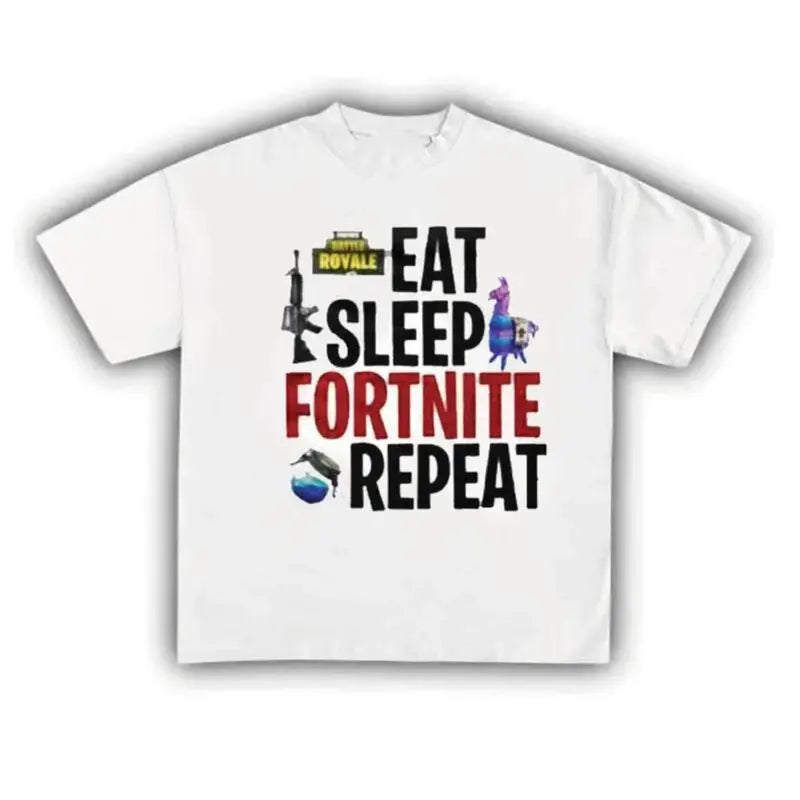 Men's 100% Cotton "Eat Sleep Fortnite Repeat" Gaming Print Short-Sleeve T-Shirt - Round Neck, Stretchy, Fitted, Funny Llama & Loot Graphics, All Seasons Casual Top for Gamers, Office Use, 3XL Menswear Ideal for Boyfriends