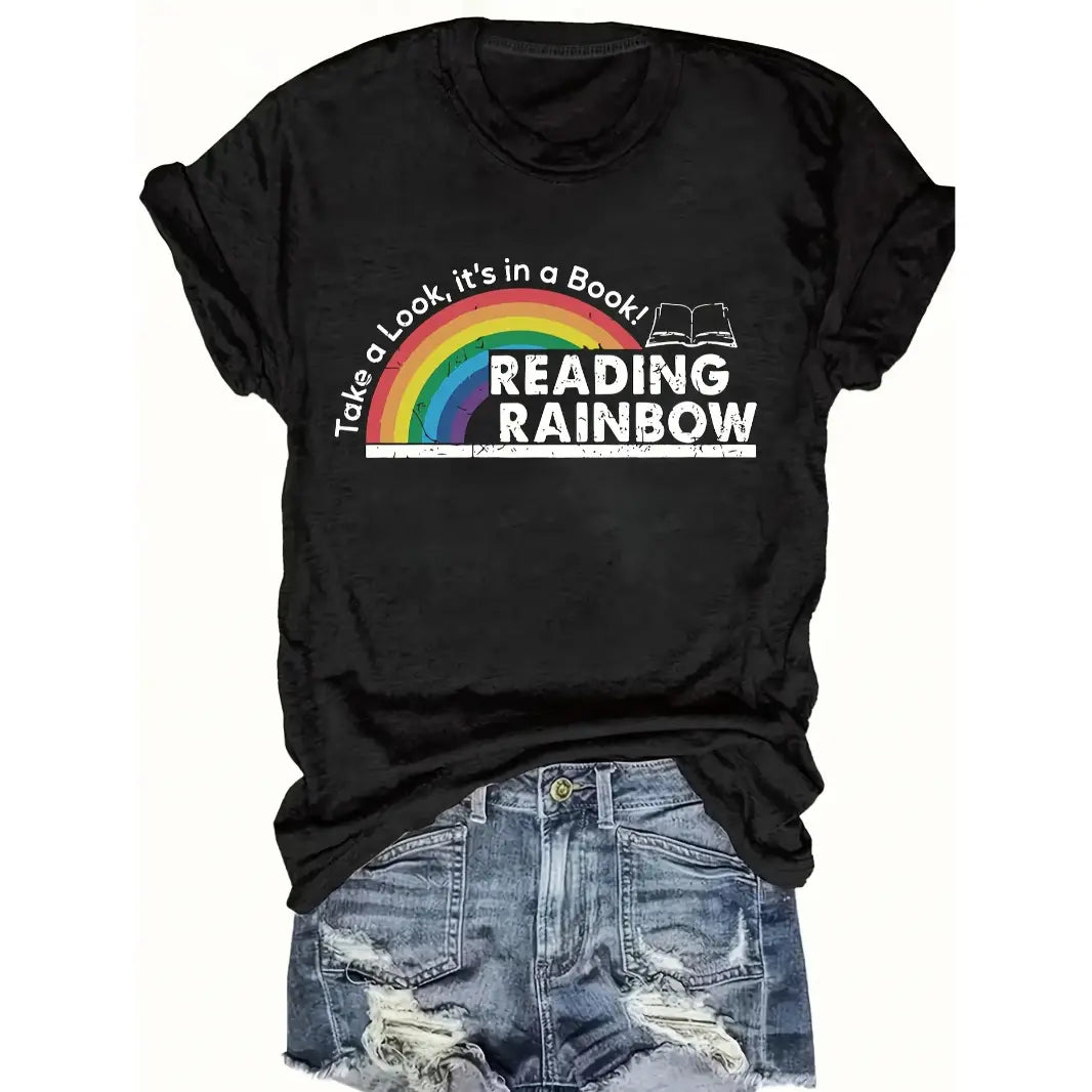 Women's Fitted Cotton Short-Sleeve Rainbow Tee Trendy Graphic Shirts Soft Breathable Casual Summer Graphic Tops, Valentine's Day Teacher Shirt for Reading Lovers, Streetwear Top,sohochic