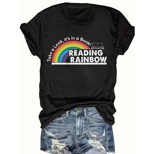 Women's Fitted Cotton Short-Sleeve Rainbow Tee Trendy Graphic Shirts Soft Breathable Casual Summer Graphic Tops, Valentine's Day Teacher Shirt for Reading Lovers, Streetwear Top,sohochic