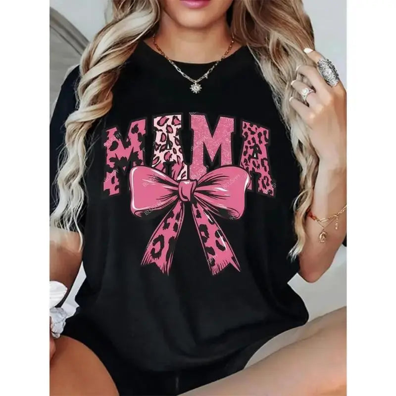 Women's Lightweight Graphic T-Shirt - Black with Pink Leopard Spot MAMA & Bow Design, Soft Stretch Round Neck Short Sleeve Casual Top, All-Season Comfort, Machine Washable, Mother's Day Gift