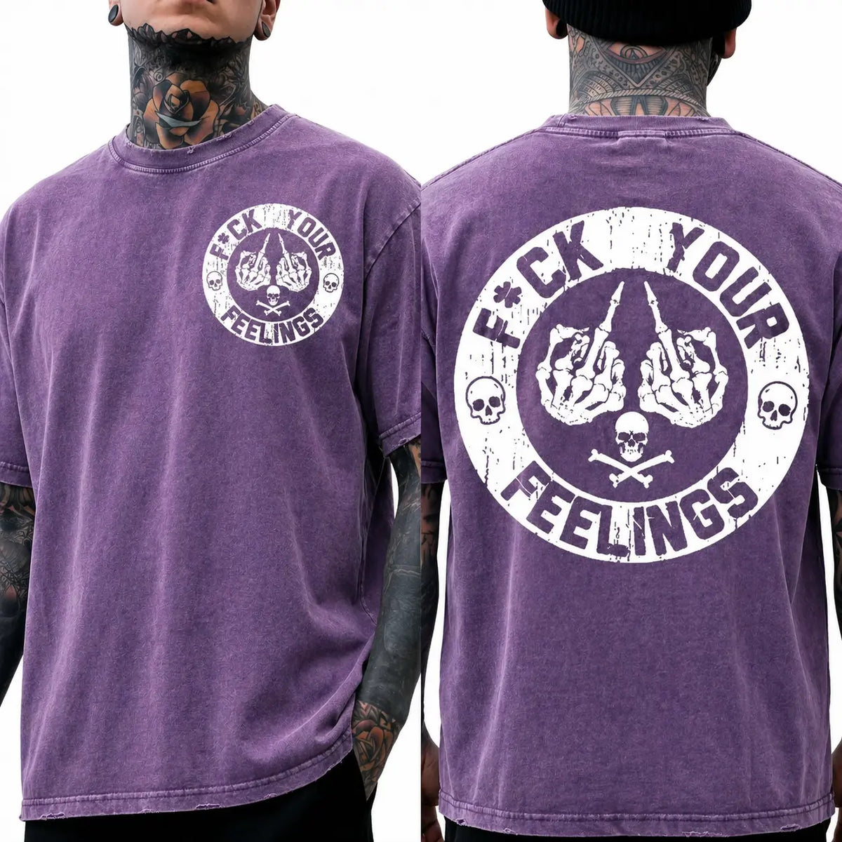 Men's "F*ck Your Feelings" Skull Graphic T-Shirt, Short-Sleeve Round Neck Loose Menswear, Bold Statement Limited Edition Fashion Streetwear Casual Angel Tee tiktokshopspringglowup,summervibes Cotton Tops Black Crewneck Tropical