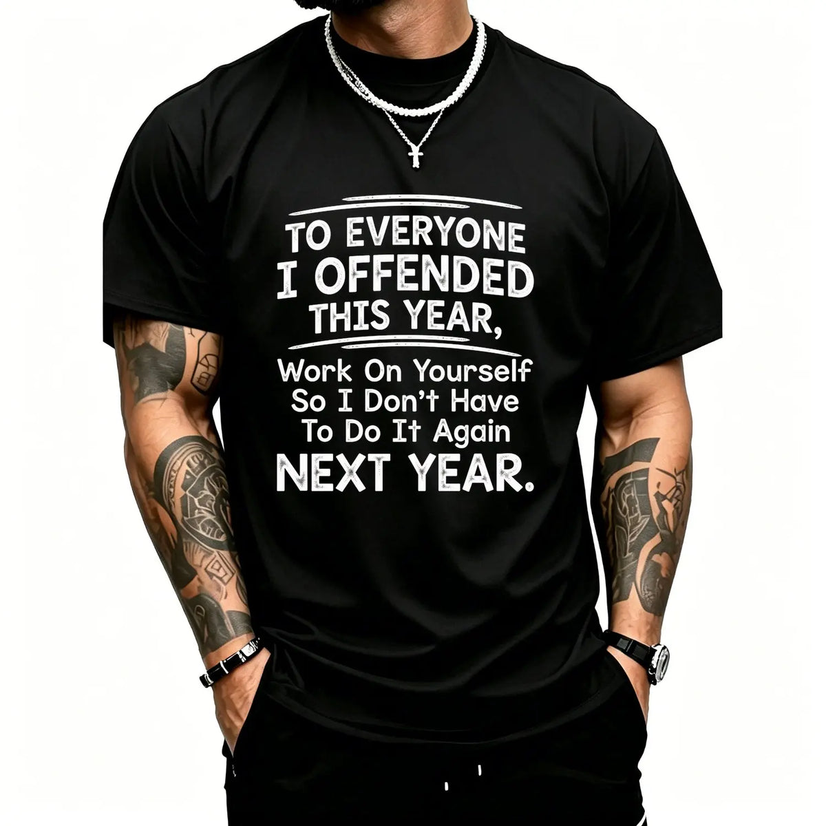 Men's Short Sleeve T shirts Funny "To Everyone I Offended This Year Work On" Quote Sports Summer Party Graphic Tee with Digital Print Regular Fit Classic Crew Neck