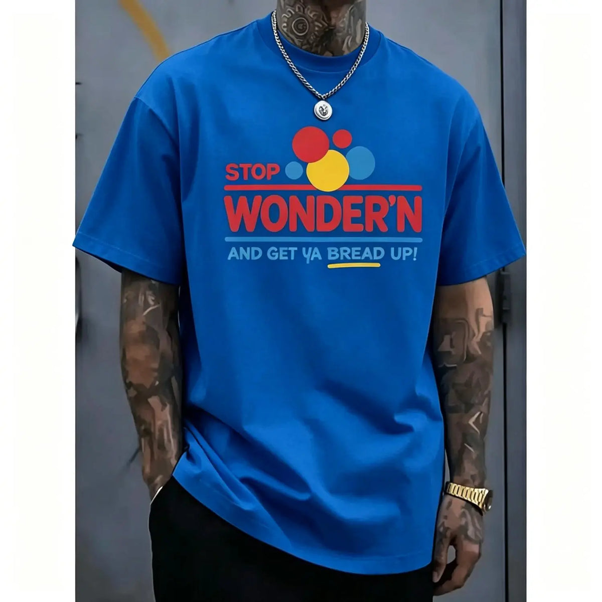 Humorous Mens Graphic TShirt Featuring Stop Wondering Get Your Bread Up Motif with Smiling Bread Slice Illustration