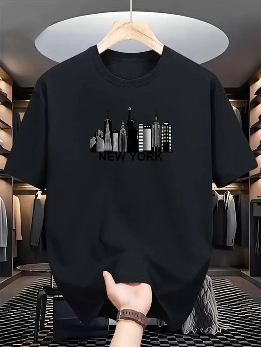 Men's 100% Skin-Soft Cotton Casual Fit Round Neck Tshirt - Light Blue Short Sleeves, All Over Fadesafe New York City Skyline Print, Cool All Day Airflow, Sturdy Stitching Lasts, Breathable Menswear Top,sohochic
