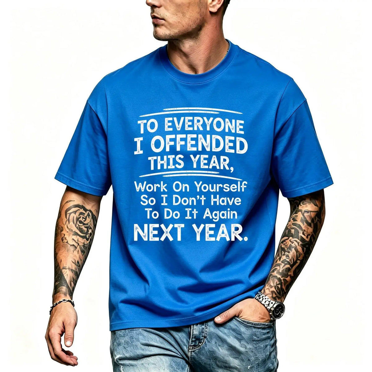Men's Short Sleeve T shirts Funny "To Everyone I Offended This Year Work On" Quote Sports Summer Party Graphic Tee with Digital Print Regular Fit Classic Crew Neck