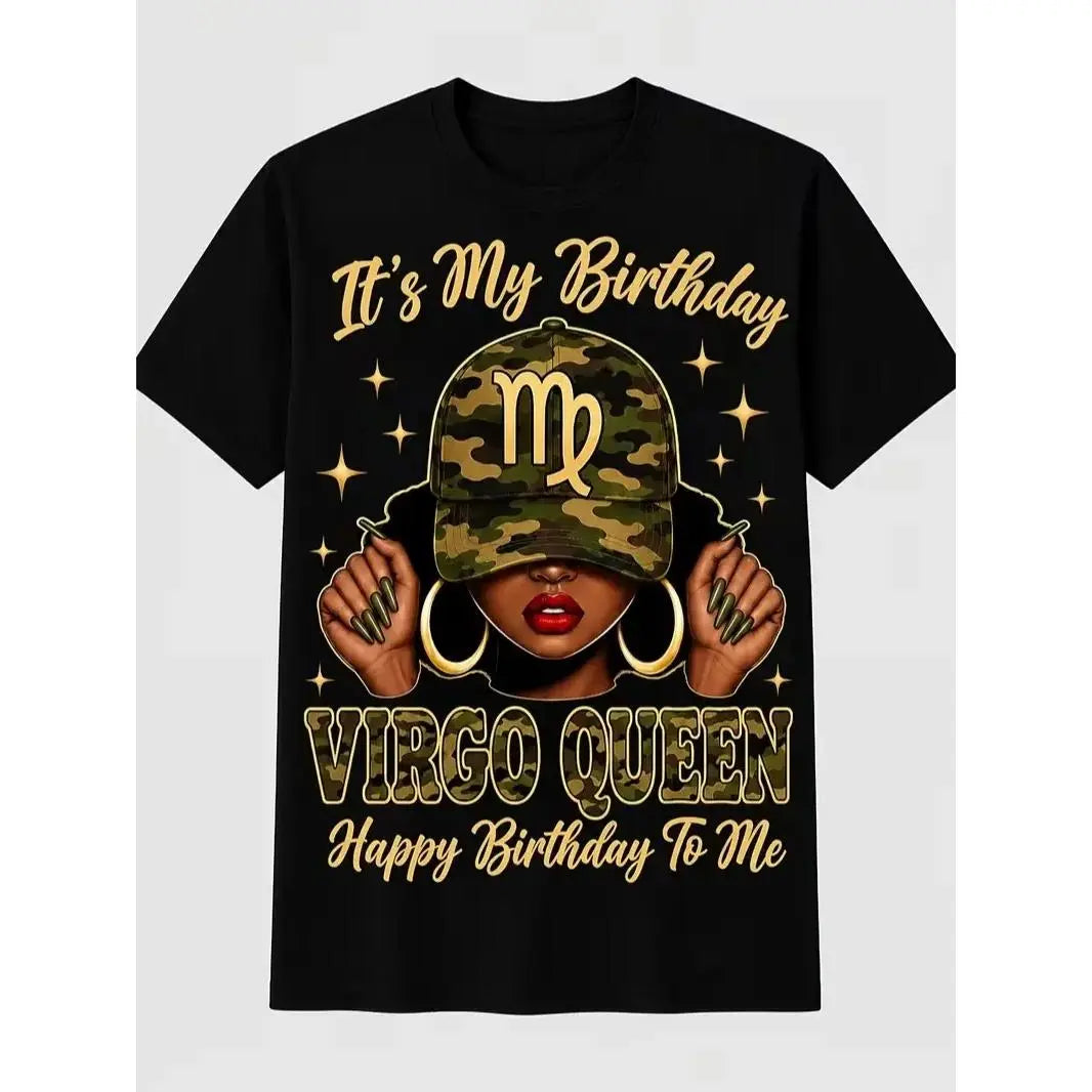 Women's Black Zodiac T-Shirt, Virgo Queen Camouflage Birthday Graphic Tee, Elegant Astrology Design for Birthday Parties, Casual Wear and Zodiac Gifts