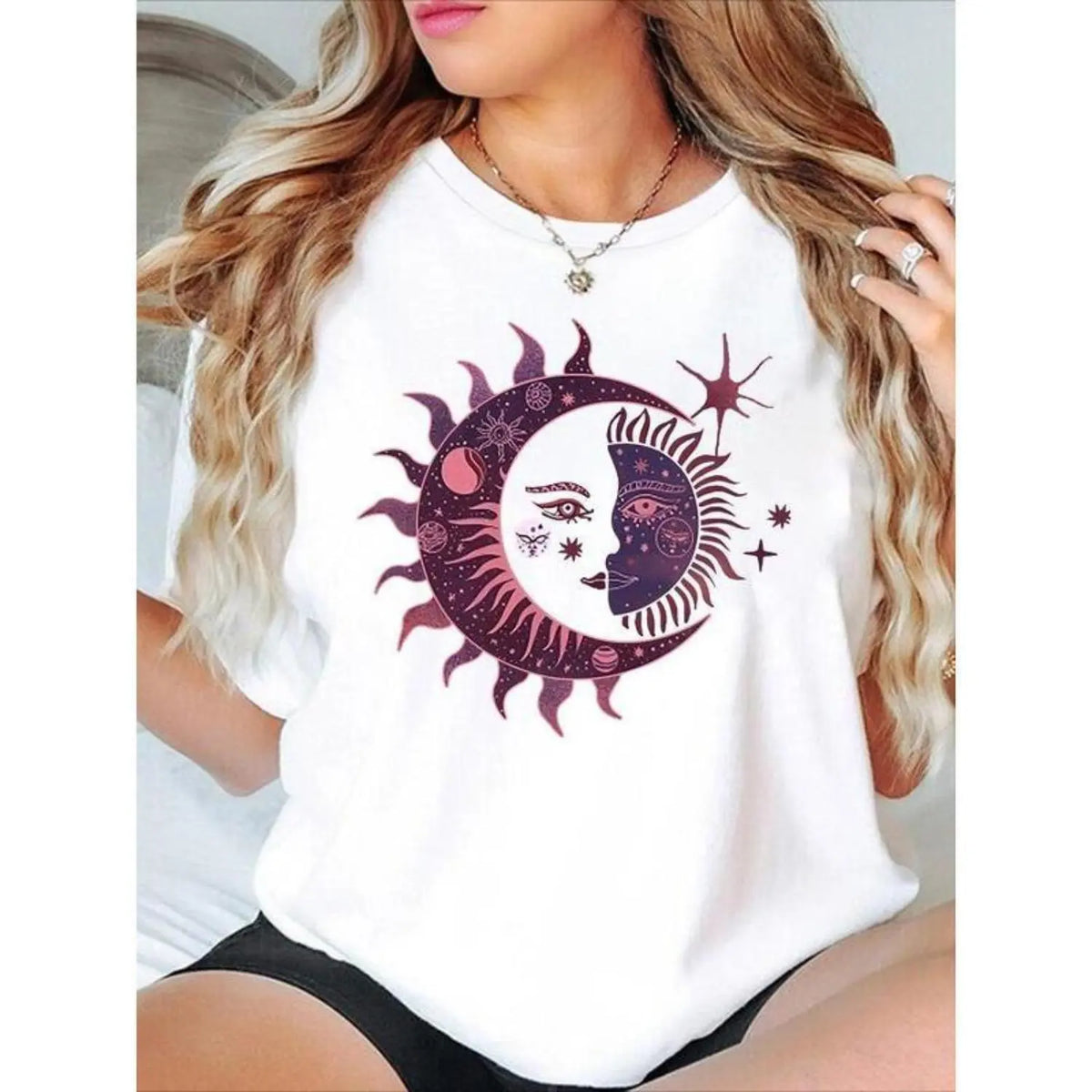 Women's Casual Sun & Moon Graphic Tee Crew Neck Short Sleeve Machine Washable Perfect for Spring & Summer  Shirt Top Womenswear Black Breathable Polyester Blend Comfortable Stylish T-Shirt Unisex Design Day Knitted