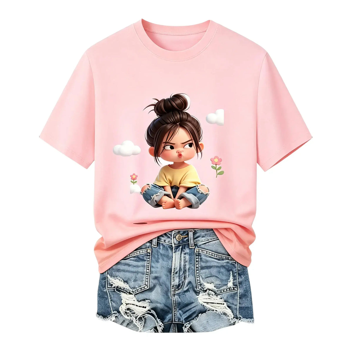 Women's Premium Cotton Cartoon Girl & Clouds Graphic T-Shirt - Short Sleeves, Crew Neck, Fitted, Elastic, Comfortable, Blush Pink Aesthetic, Casual Girly Tops, Valentine's Day Colorful Style All Seasons Beach Tee Sohochic, Valentines Day, Cartoon Style