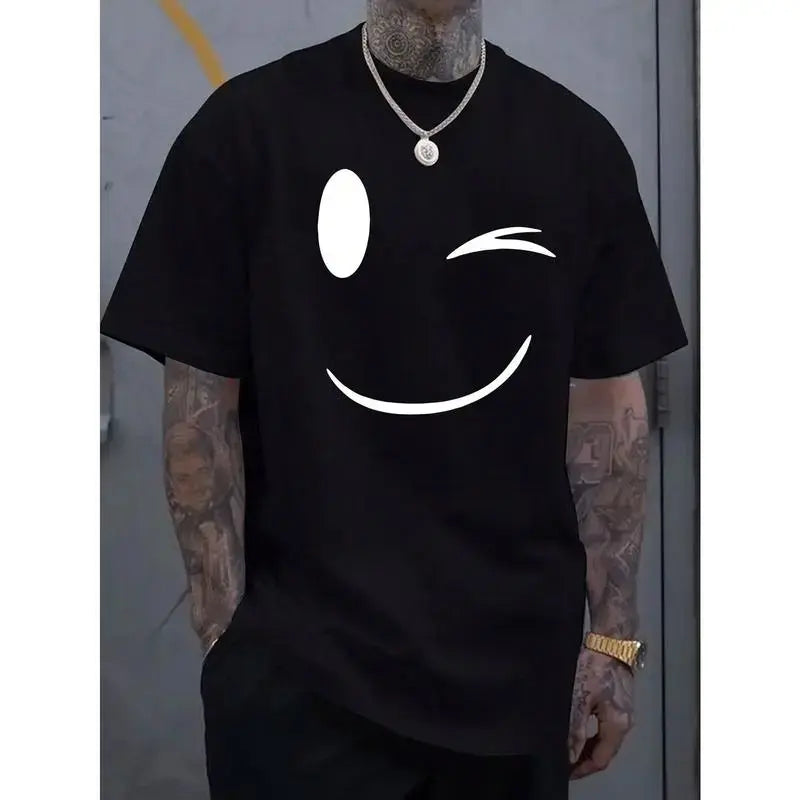 [100% cotton]Summer Must-Have: Men's Fashionable Smiling Face Printed Casual T-Shirt - Breathable , Round Neck, Short Sleeved