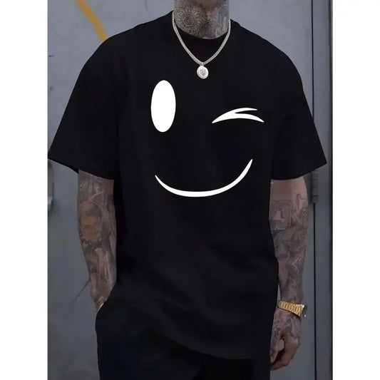 [100% cotton]Summer Must-Have: Men's Fashionable Smiling Face Printed Casual T-Shirt - Breathable , Round Neck, Short Sleeved