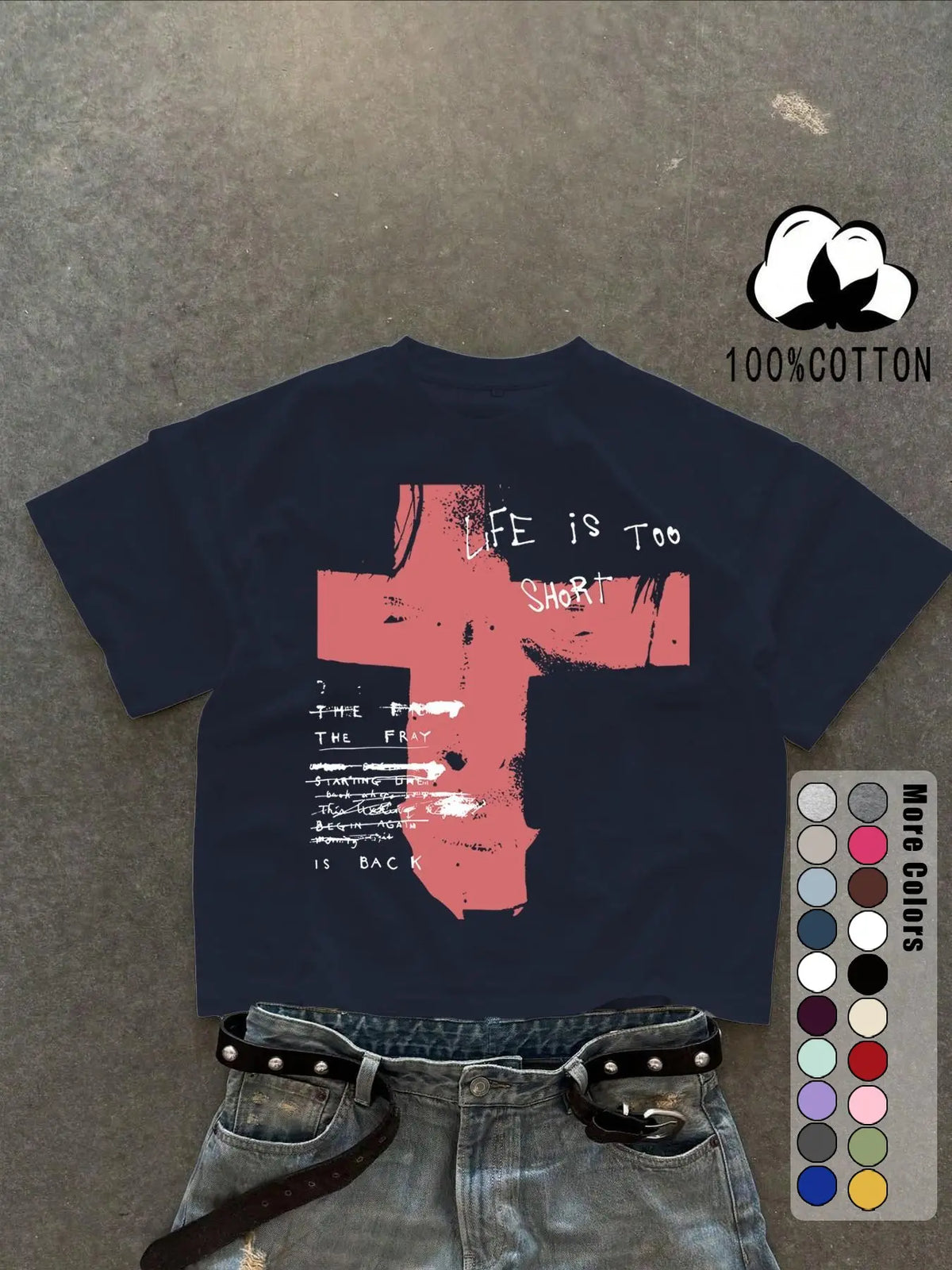 Unisex 100% Cotton Short Sleeve Round Neck T-Shirt, Cross Graffiti Print, Y2K Dark Gothic Street Style, Streetwear, Casual Daily Wear, Loose-Fitting, Long Length, Aesthetic