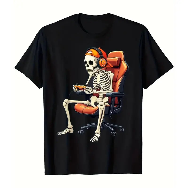 Retro Skull Gamer Graphic T-Shirt, Casual Short Sleeve Crew Neck Top for Teenage Boys, Funny Halloween Gift, Graphic Print Shirt, Teenage Boy Gifts