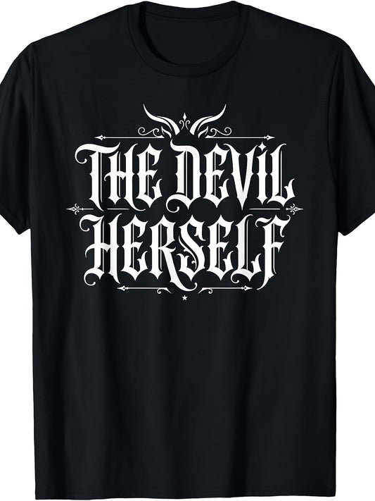 The Devil Herself Retro Occult Unisex Dark Feminine T-Shirt, Casual Crew Neck Short Sleeve Top, Comfortable Fabric, Trendy Style, Slight Stretch, Regular Fit, Multiple Sizes Available