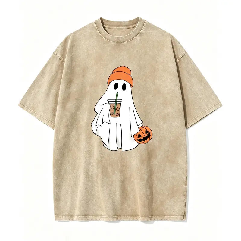 Men's Retro Oversized Acid Wash Black Short-Sleeve Round Neck Pumpkin & Ghost Print Casual T-Shirt - Cute Ghost With Orange Beanie, Iced Coffee Art, Soft Washed Fabric, Spooky Fall Streetwear, Halloween Gift, Machine Washable, Pumpkin & Ghost Print Men's