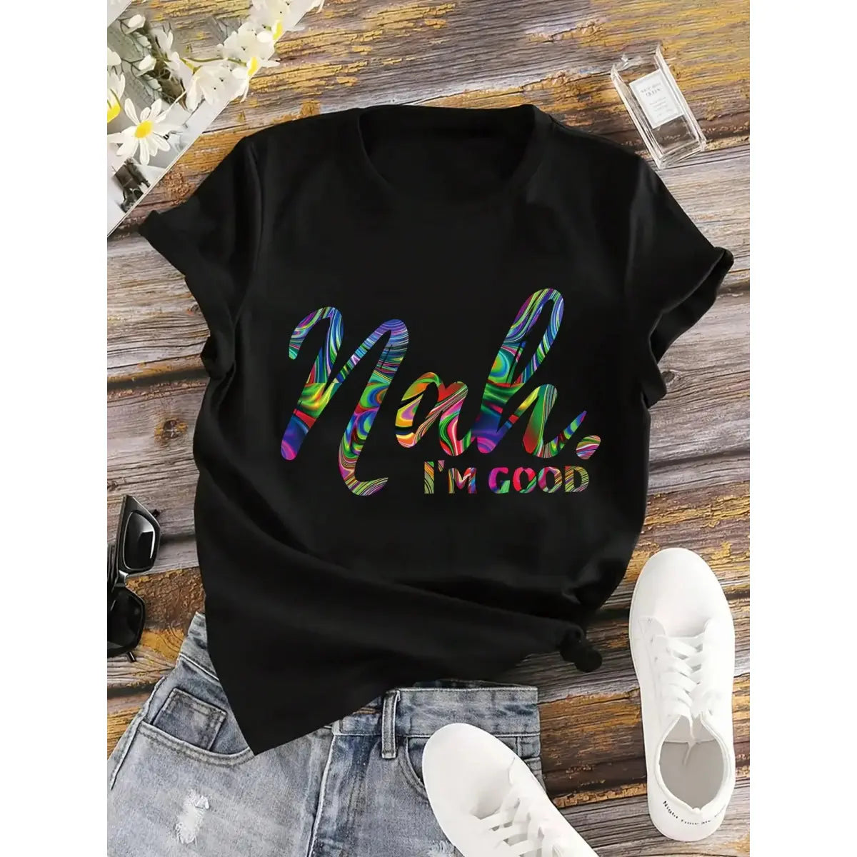 Colorful Gradient 'Nah, I'm Good' Letter Print T-Shirt For Women - Casual Round Neck, Short Sleeve,  Polyester, Machine Washable - Perfect For Spring/Summer/Fall